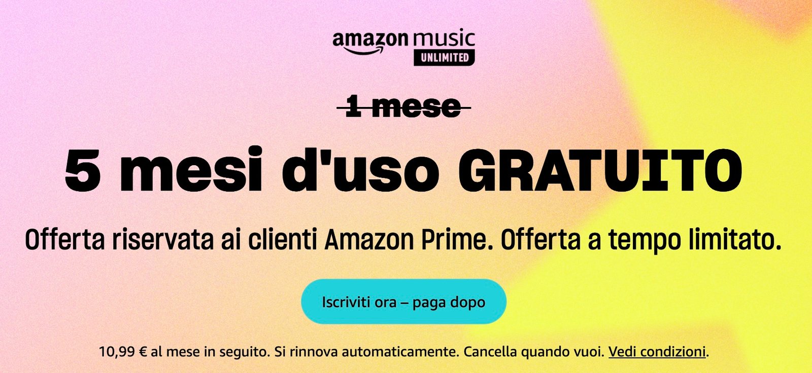 Amazon Music Unlimited è gratis per 5 mesi, offerta riservata ai clienti Amazon Prime
