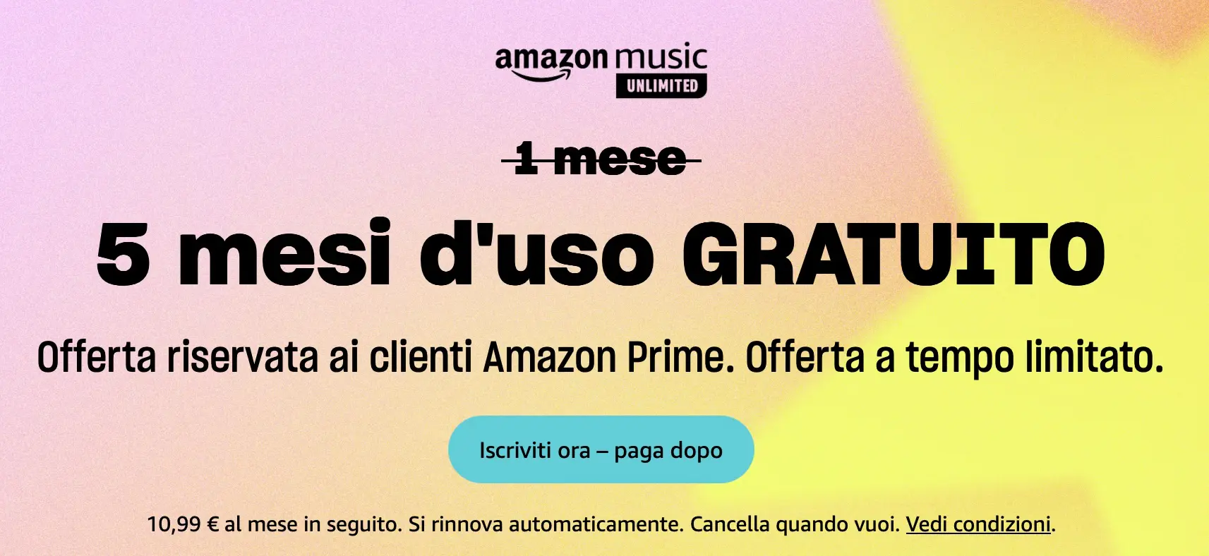 Amazon Music Unlimited è gratis per 5 mesi, offerta riservata ai clienti Amazon Prime