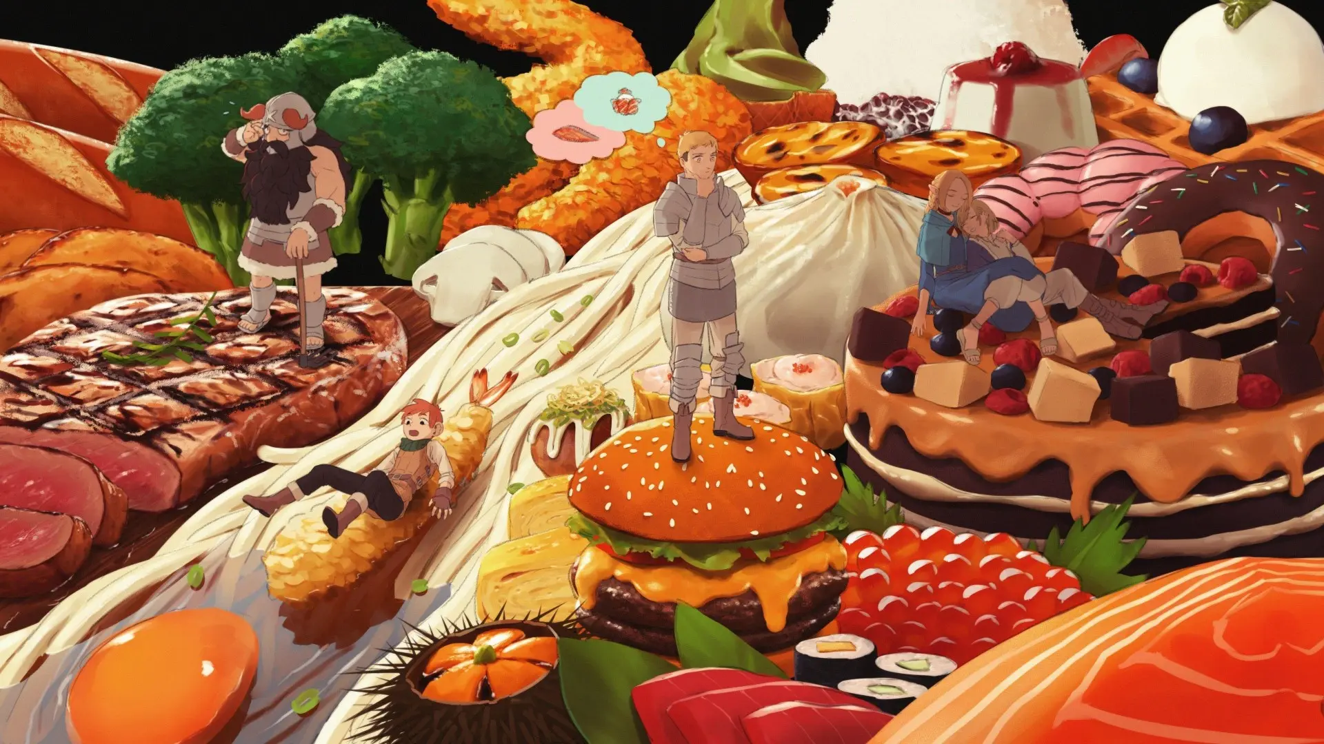 Il cibo con i personaggi della serie animata Dungeon Food